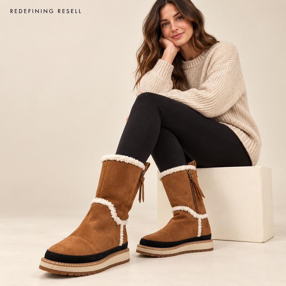 TOMS Mesa Tan Suede Faux Shearling Lined Mid-Calf Platform Boots Women 6